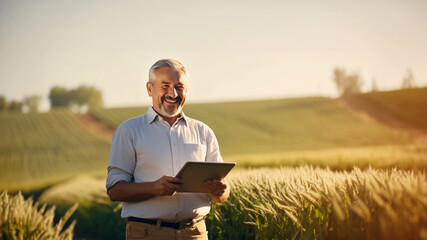 Happy middle-aged farmer standing in a wheat field, using a digital tablet. Concept of smart and technological farming practices, sustainable advanced agriculture methods, agricultural business