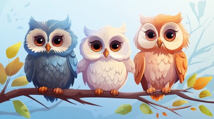 Cute owl birds set. Funny owlets, feathered animals, sitting on tree branches and watching