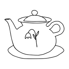 Black hand drawing illustration of a clay kettle with a flower and hot water for tea isolated on a plate on a white background