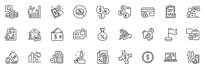 Icons pack as Currency rate, No cash and Dollar target line icons for app include Decreasing graph, Online auction, Wallet outline thin icon web set. Change card, Loan, Report pictogram. Vector