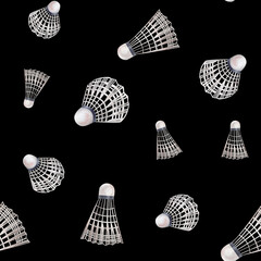 Seamless pattern badminton shuttlecock watercolor illustration. Hand drawn and isolated on a black background. Athletic lifestyle, sport design, textile