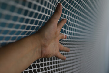 a hand resting on a protective net