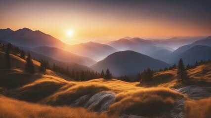 Golden sunrise over misty hills. A breathtaking scene of nature with a serene and tranquil mood.