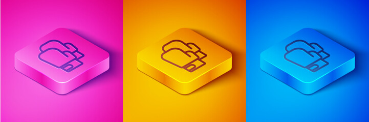 Isometric line Boxing glove icon isolated on pink and orange, blue background. Square button. Vector