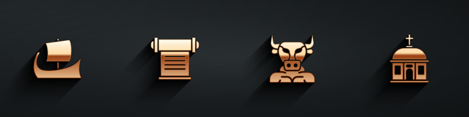Set Greek trireme, Decree, parchment, scroll, Minotaur and Santorini building icon with long shadow. Vector