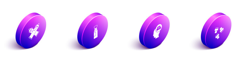 Set Isometric Paint spray can, Marker pen, Spray nozzle cap and attachment icon. Vector