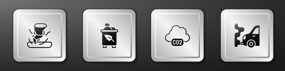 Set Tornado, Recycle bin with recycle, CO2 emissions cloud and Car exhaust icon. Silver square button. Vector