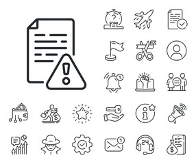 Warning file sign. Salaryman, gender equality and alert bell outline icons. Instruction manual line icon. Caution alert symbol. Instruction manual line sign. Spy or profile placeholder icon. Vector