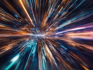 Fototapeta premium Blurred image of a network and microchips emitting light emanating from the center.