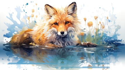 Watercolor fox with double exposure effect .
