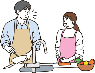 キッチンで料理をするアジア人のカップル
