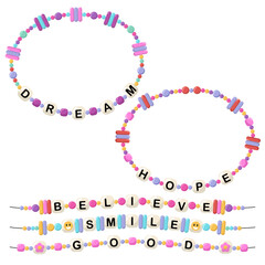 Collection of vector jewelry and children's ornaments. Bracelet made of handmade plastic beads. Set of bright colorful braided bracelets with words from the letters dream, hope, believe, smile, good. - obrazy, fototapety, plakaty