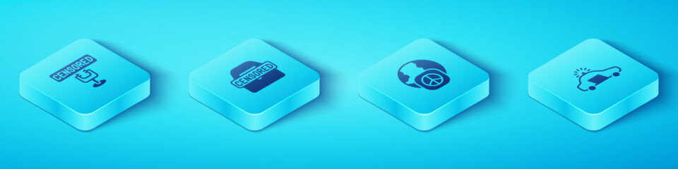 Set Isometric Censored stamp, , Police car and flasher and International day of peace icon. Vector