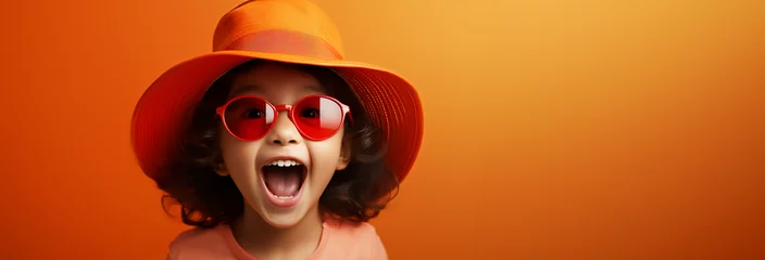 Fotobehang Fröhliches schönes lachendes Japanisches Kind Mädchen mit gelben Fashion Outfit und Hut in Querformat für Banner, ai generativ © www.freund-foto.de