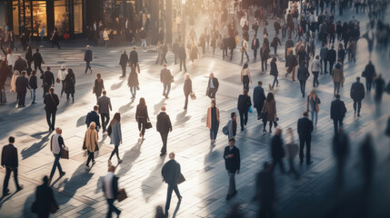 top view of crowd of people walks, people gathered at the street , Generative AI