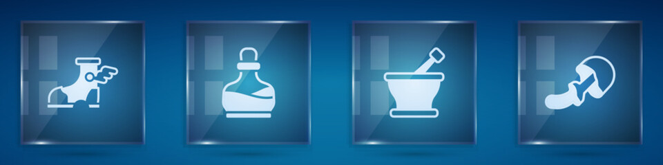Set Hermes sandal, Bottle with potion, Mortar pestle and Psilocybin mushroom. Square glass panels. Vector
