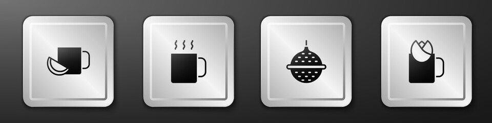 Set Cup of tea with lemon, Ball strainer and rose icon. Silver square button. Vector