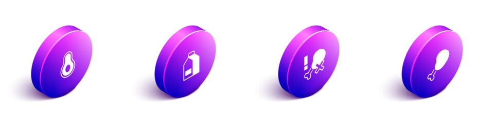 Set Isometric Avocado fruit, Paper package for milk, No chicken leg and Chicken icon. Vector