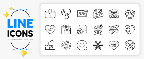 Ice cream, Fireworks stars and Love you line icons set for app include Sleep, Shopping, Delivery boxes outline thin icon. Fireworks, Gift, Smile face pictogram icon. Photo location. Vector