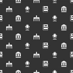 Set Book, Museum building, Hairbrush and Round makeup mirror on seamless pattern. Vector