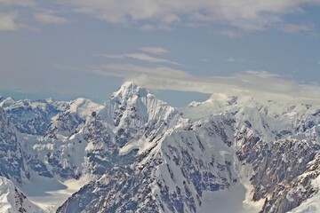 Aerial view of Denali Mountain range and glaciers, Denali National Park, Alaska