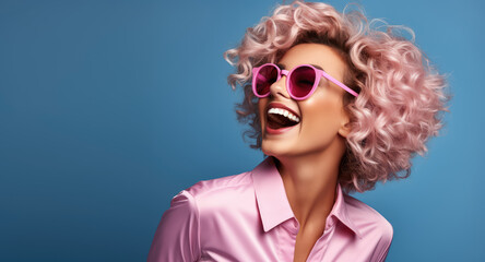 Cheerful and Happy Smiling Woman against a Solid Color Background - AI Generated