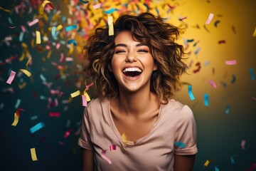 Cheerful and Happy Woman Laughing - Party and Confetti - Angainst a Solid Color Background - AI Generated