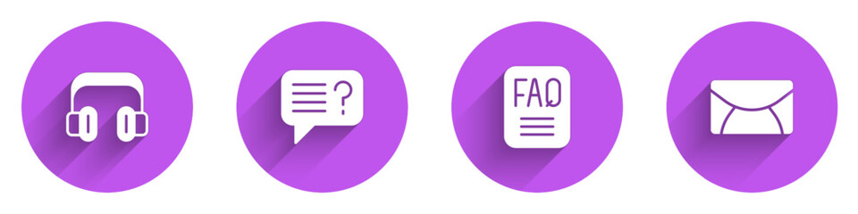 Set Headphones, Unknown search, FAQ information and Mail and e-mail icon with long shadow. Vector
