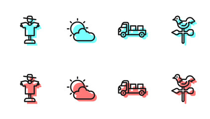 Set line Pickup truck, Scarecrow, Sun and cloud weather and Rooster vane icon. Vector