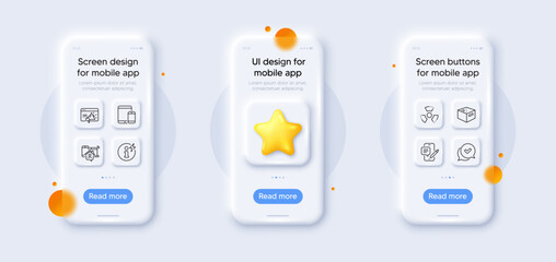 Chemical hazard, Approved and Mobile devices line icons pack. 3d phone mockups with star. Glass smartphone screen. Office box, Work home, Seo marketing web icon. Vector