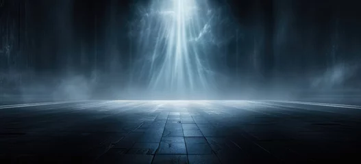 Poster Enchanting Night Scene: rays of light with Floating Smoke Texture, dark empty room with dark blue asphalt tiles  © Generative ART
