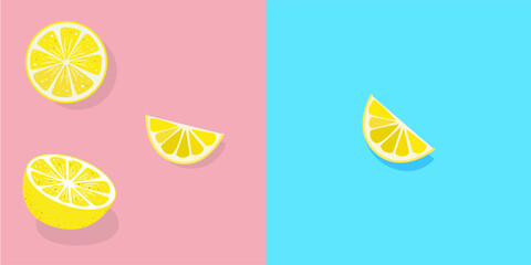 Wallpaper with slice of lemons on pink and blue background, Lemons background, Slice of lemons with shadows vector