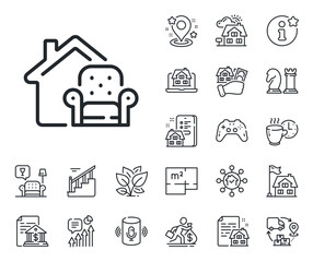 Home armchair sign. Floor plan, stairs and lounge room outline icons. Furniture moving line icon. House chair symbol. Furniture moving line sign. House mortgage, sell building icon. Vector
