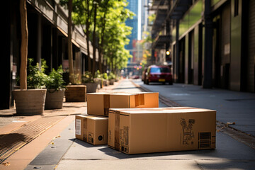 brown cardboard box lying on a sidewalk with trash
 - Powered by Adobe