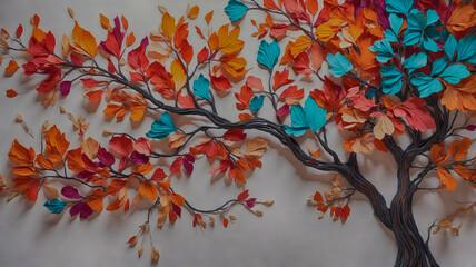 Background illustration of a beautiful, colorful tree with brilliant leaves hanging from the branches. For interior mural painting wall art décor, use 3D abstract wallpaper in vibrant colors.