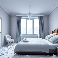 Bed in a bedroom with snow in a frozen house. Energy crisis.