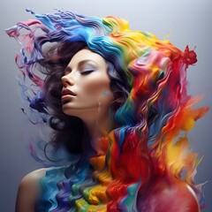 Fototapeta premium Fashion portrait of beautiful young woman with multicolored hair.