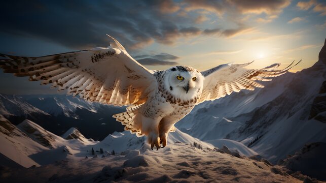Snowy owl flying in the sky at sunset. (Bubo scandiacus)