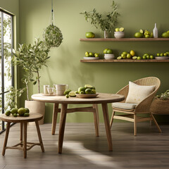  round wood dining table green wall fruits pops
