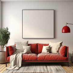  Red blank rectangular cushion on beige sofa
