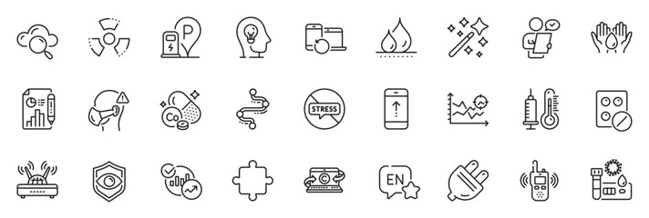 Fototapeta na wymiar Icons pack as Eye detect, Transmitter and Magic wand line icons for app include Wifi, Electric plug, Seo analysis outline thin icon web set. Charging station, Copywriting notebook. Vector