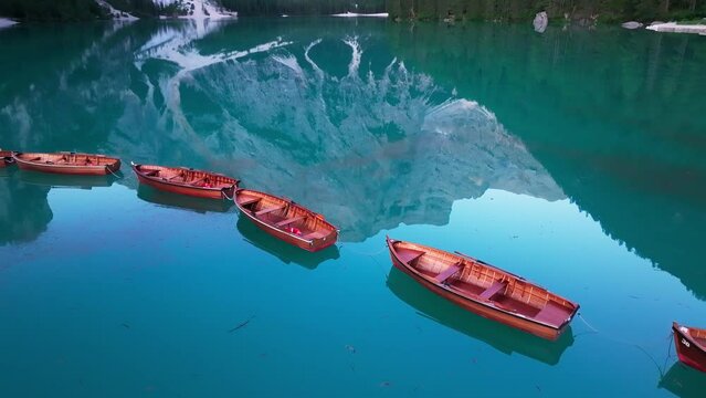 Lago di Braies at sunrise, Dolomites, Italy