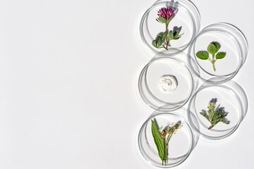 Petri dishes with various kinds of herbs and cosmetic product sample. Phytotherapy, herbal medicine, natural skin care, beauty concept. Laboratory research. Copy space for text