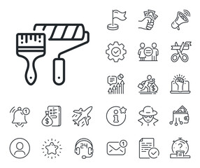 Wall roll brush sign. Salaryman, gender equality and alert bell outline icons. Paint roller line icon. Painter tool symbol. Paint roller line sign. Spy or profile placeholder icon. Vector