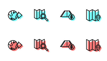 Set line Toll road traffic, Location on the globe, Search location and Folded map with marker icon. Vector