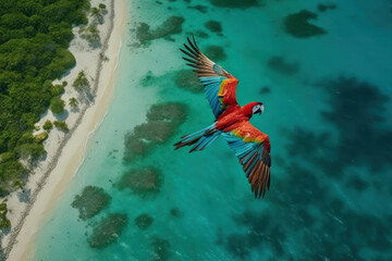 The natural beauty of a tropical beach is showcased in this vibrant stock photo, featuring a colorful bird soaring above the crystal clear waters and sandy shores, AI Generative.