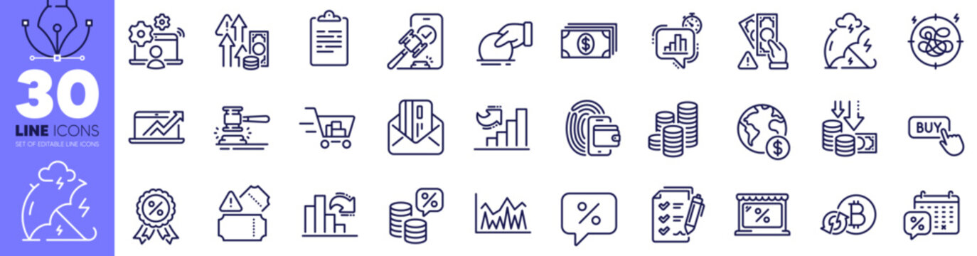 Deflation, Survey checklist and Clipboard line icons pack. Shopping cart, Discount medal, Auction hammer web icon. Wallet, Discounts calendar, Stress protection pictogram. Market. Vector