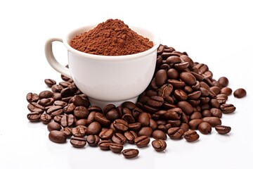 Ground coffee in cup and pile whole coffee beans, isolated on white background