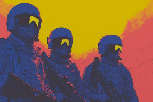 soldiers in yellow and blue, abstraction