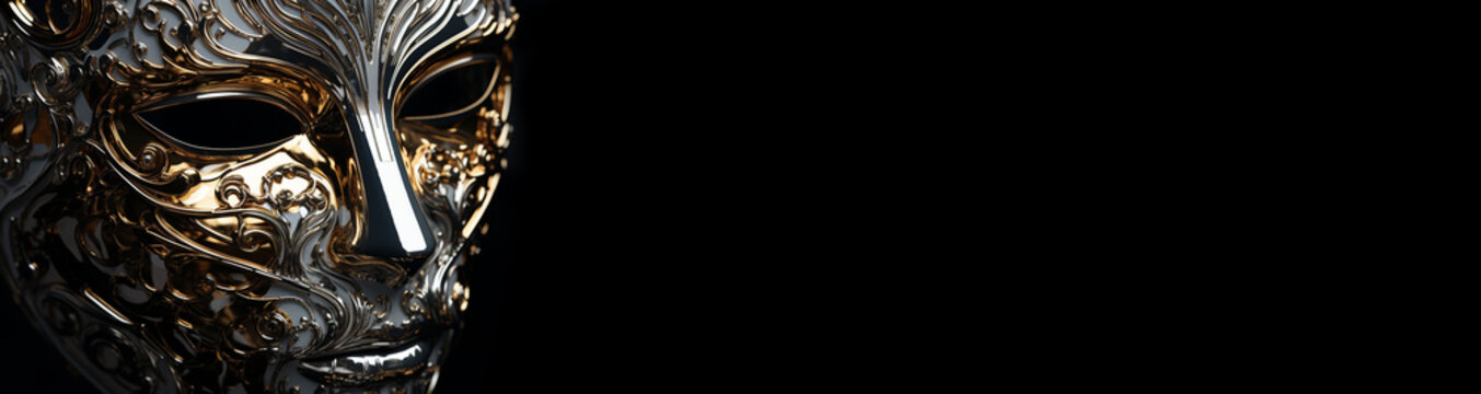 Sch&ouml;ne hochwertige Kunst Maske Gold silber und wei&szlig; als Dekoration Querformat, ai generativ